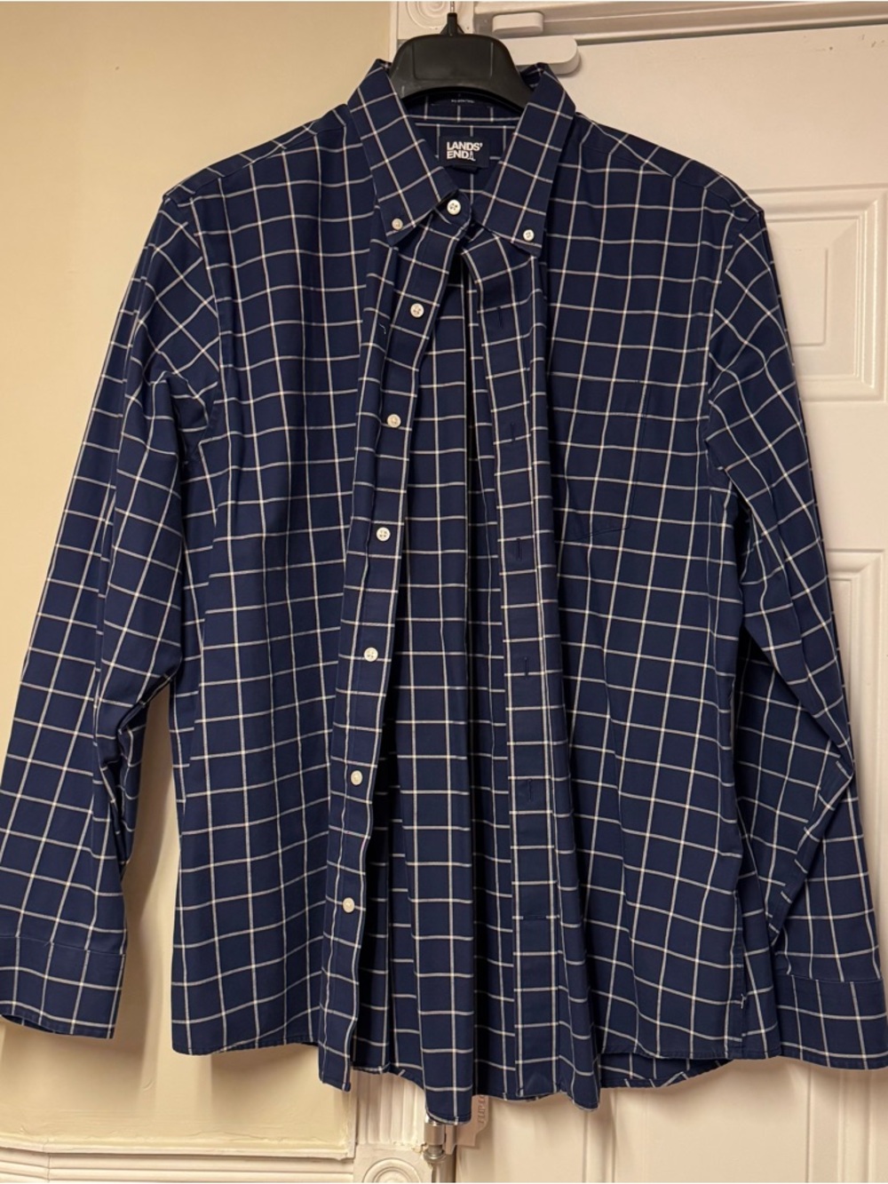 Lands' End Men's Navy Windowpane Button-Down Shirt with White Grid